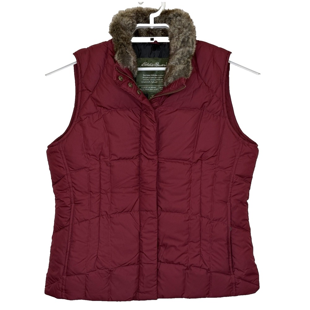 Eddie Bauer Goose Down Puffer Vest Womens Medium Maroon Full Zip Faux Fur Collar